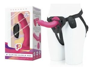 6" Curved Ripple Silicone Peg With Harness Included Pink