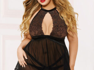 Lace Mesh Babydoll & Panty - 1X2X - Black