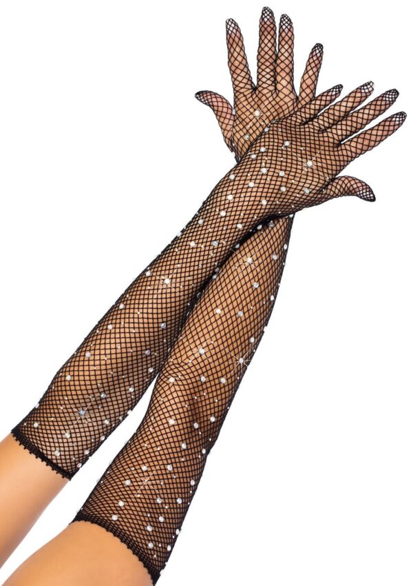 Rhinestone Fishnet Long Gloves – Black