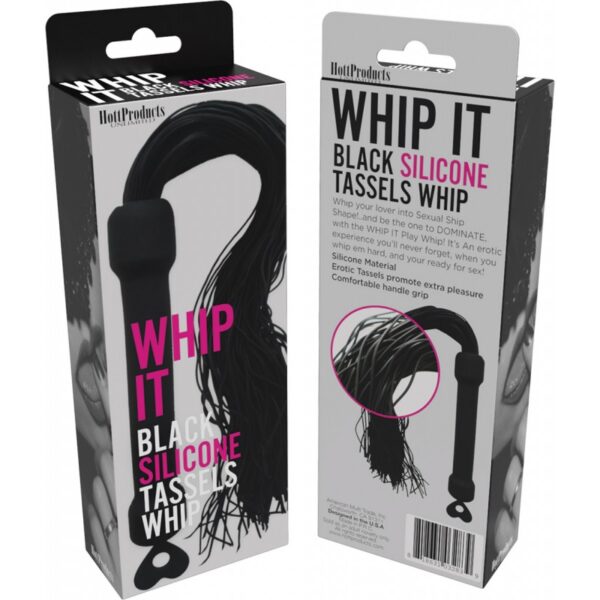 WHIP IT- BLACK PLEASURE WHIP WITH TASSELS.