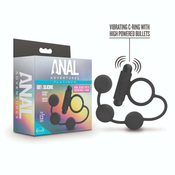 Anal Adventures Platinum – Silicone Anal Beads with Vibrating C-Ring -Black