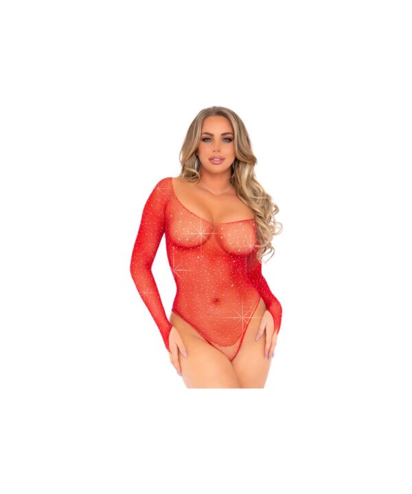 Rhinestone Snap Crotch Bodysuit – One Size – Red