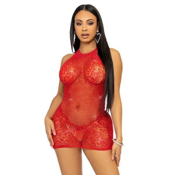 Rhinestone Lace and Net Mini Dress – One Size – Red