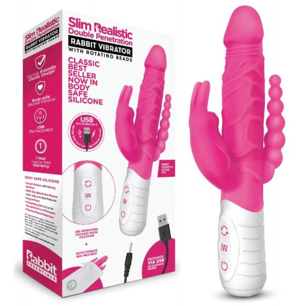 RR Rechargeable Slim Double Penetration Rabbit – Hot Pink