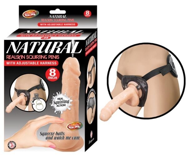 Natural Real Skin Squirting Penis with Harness 8″ White