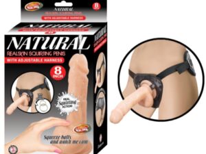 Natural Real Skin Squirting Penis with Harness 8" White