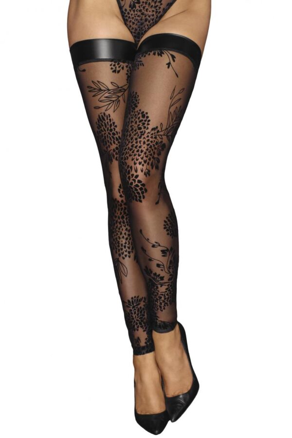 Tulle stockings with patterned flock embroidery an