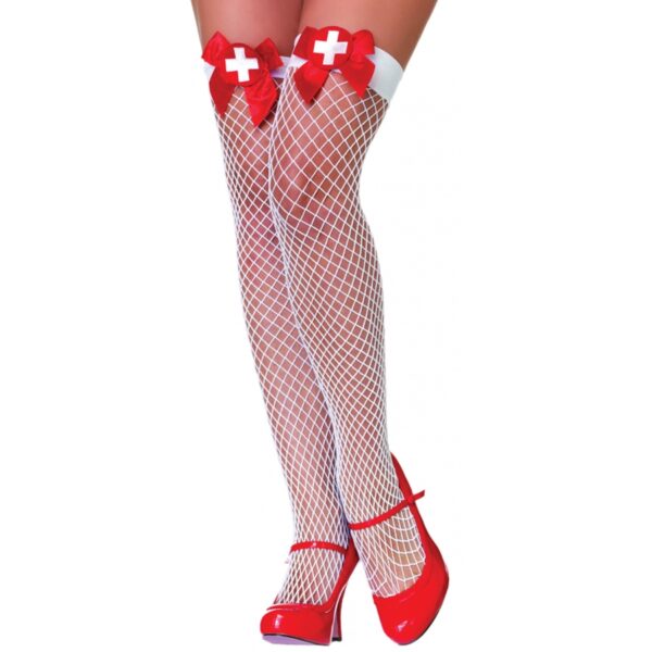 Industrial Net™ Thigh Highs with Contrast Satin Bow and Nurse Badge Appliqué