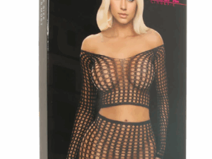 Long Sleeve Fishnet Crop Top & Mini Skirt Set OS